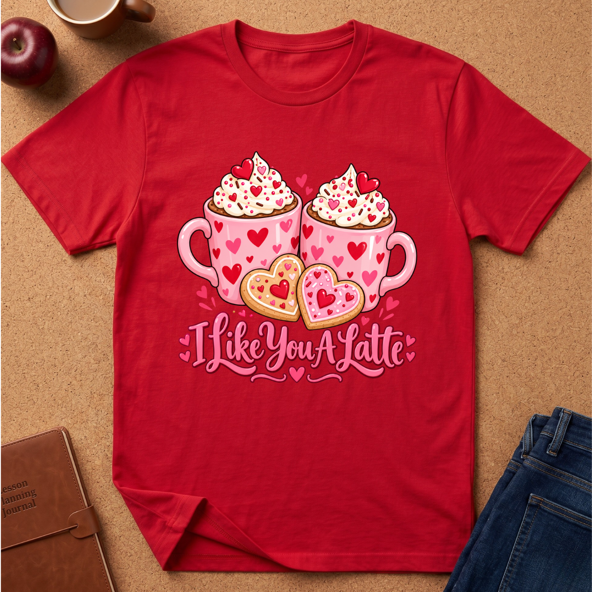 A red short-sleeve graphic T-shirt laid flat on a tan cork-like surface, featuring two pink heart-patterned hot cocoa mugs with whipped cream, two heart cookies, and the phrase 'I Like You A Latte' in pink script.