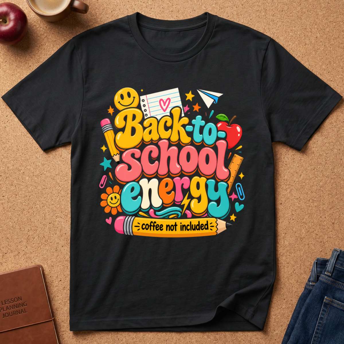 A black short-sleeve t-shirt laid flat on a cork background, featuring a colorful retro-style graphic that reads 'I Back to school energy coffee not included' with cartoon smiley faces, stars, paper airplane, apple, and pencil illustrations.