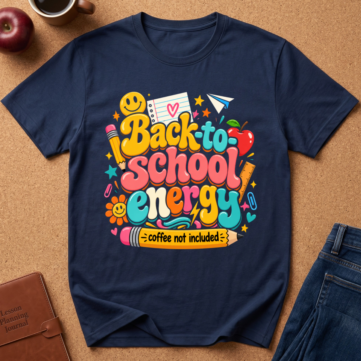 A navy blue short-sleeve t-shirt with a colorful 'Back to School Energy' graphic, laid flat on a brown cork background with lifestyle props including an apple, a coffee mug, a planner, and jeans.