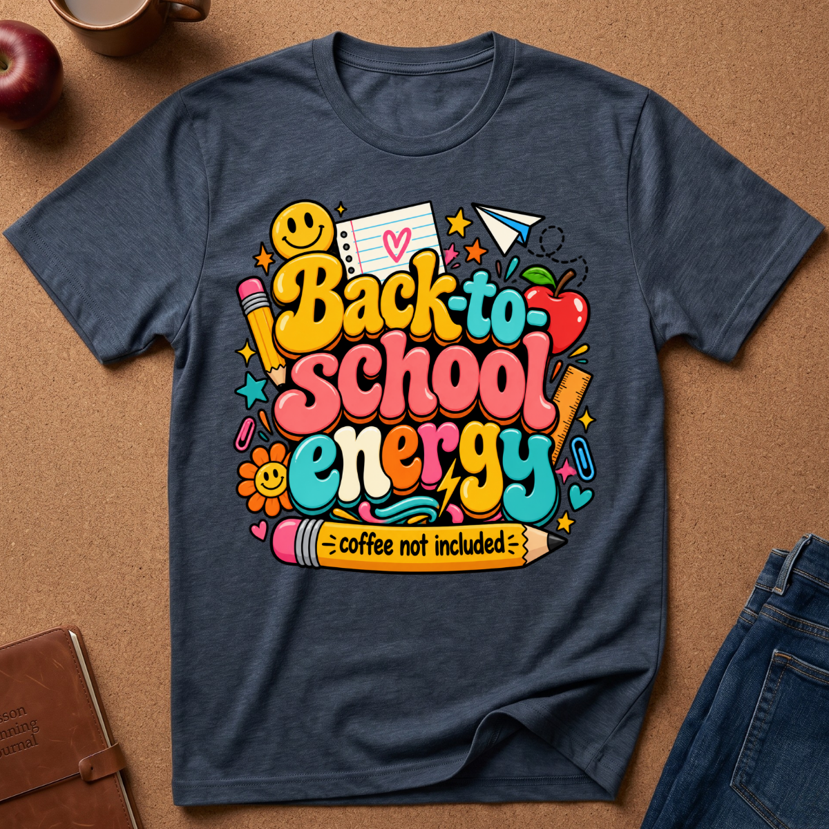A navy blue graphic t-shirt laid flat on a brown cork background, surrounded by lifestyle props like a brown notebook, a red apple, and blue jeans. The t-shirt features a colorful retro-style graphic that reads 'Back to school energy coffee not included' with school-themed doodles.