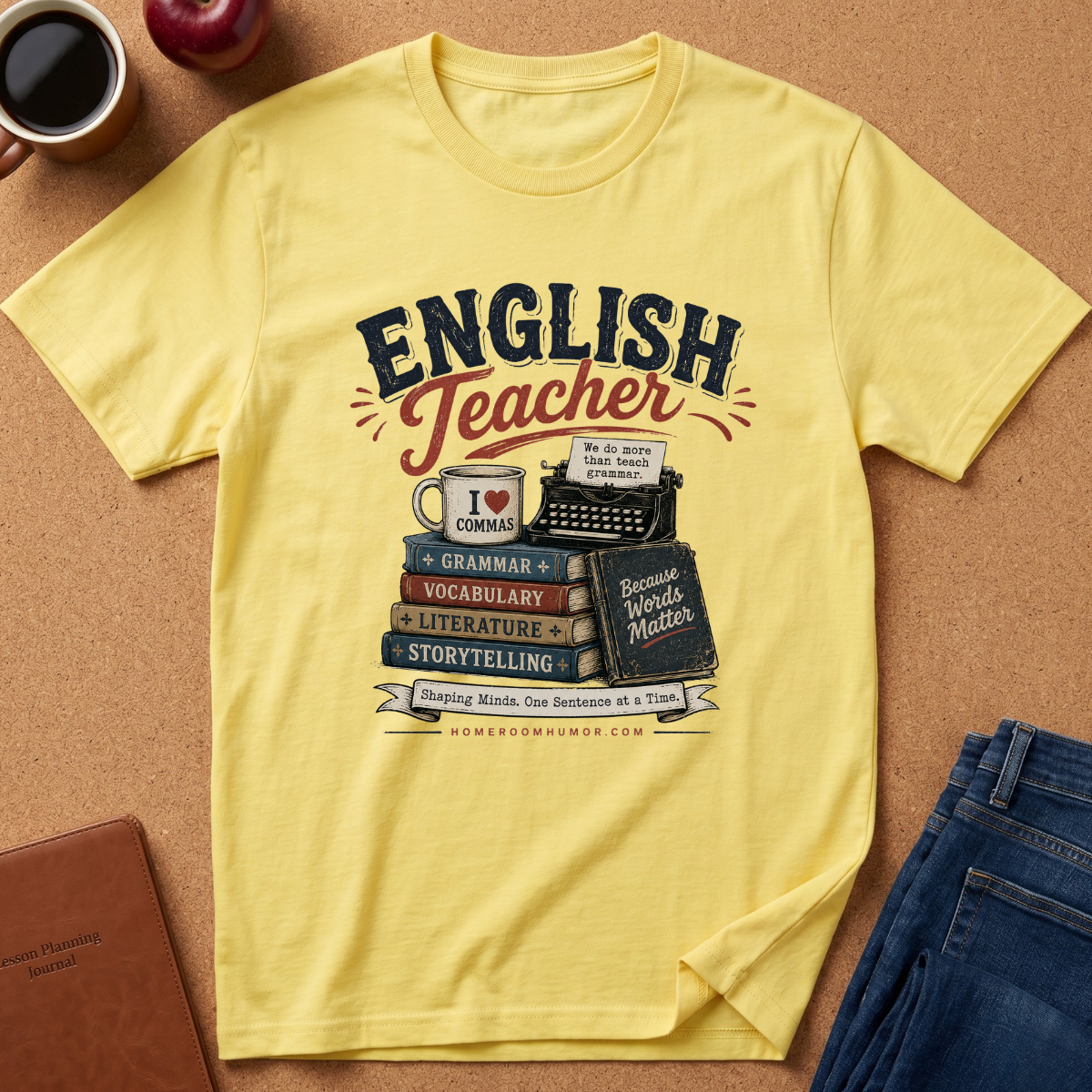 A yellow short-sleeve graphic T-shirt laid flat on a brown cork-like surface, surrounded by props including a coffee cup, apple, notebook, and blue jeans. The shirt features a large front print reading “ENGLISH Teacher” above a stack of books and a typewriter with decorative text.