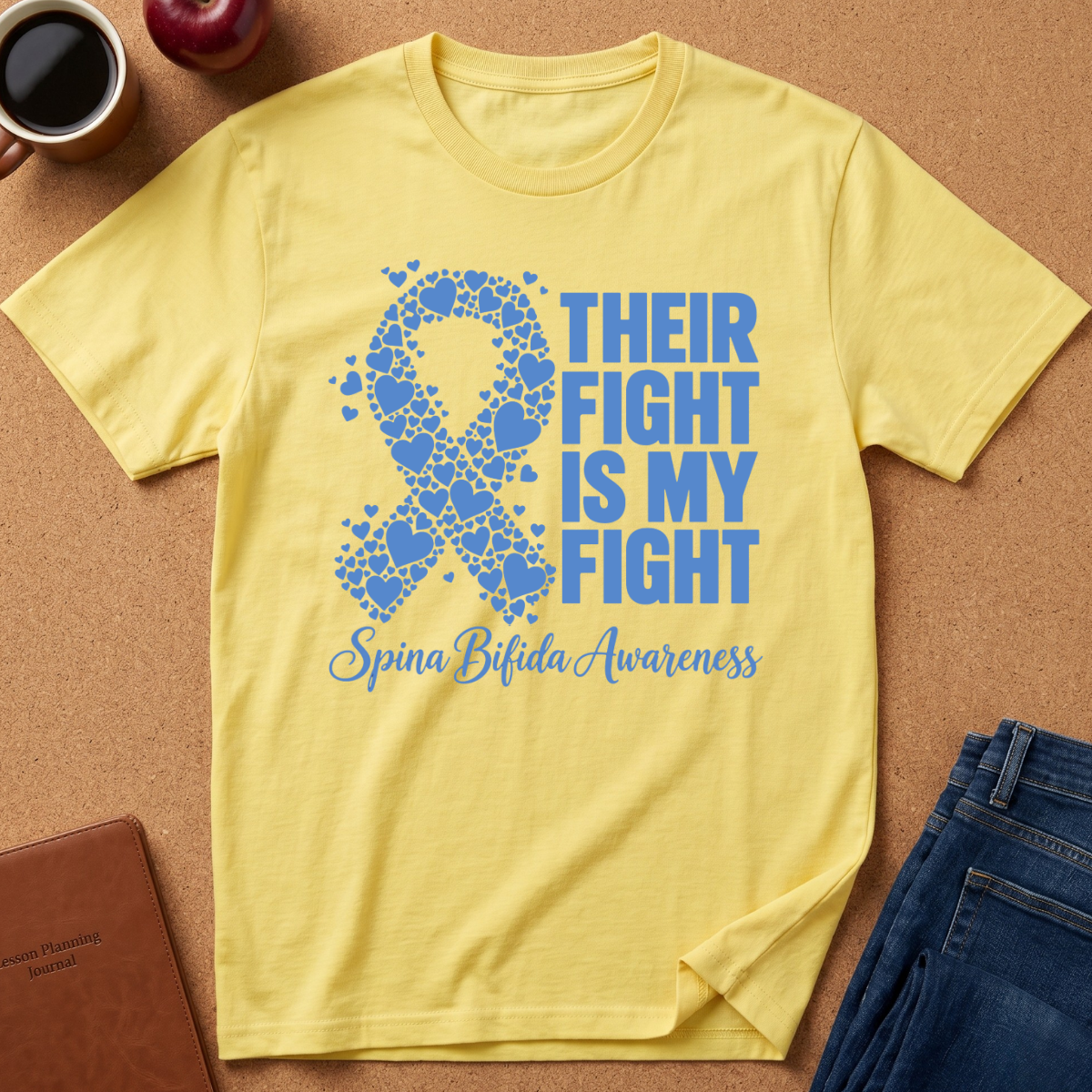 A yellow short-sleeve t-shirt laid flat on a cork surface, featuring a blue awareness ribbon made of heart shapes and the text 'THEIR FIGHT IS MY FIGHT' and 'Spina Bifida Awareness.' Coffee, an apple, a notebook, and folded jeans are placed around it as styling props.
