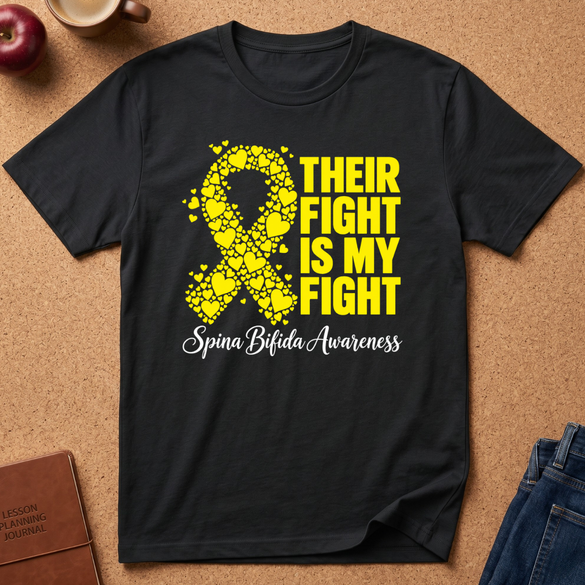 A black short-sleeve t-shirt laid flat on a cork background, featuring a yellow awareness ribbon made of broken hearts and the text 'THEIR FIGHT IS MY FIGHT' with 'Spina Bifida Awareness' in white script below.