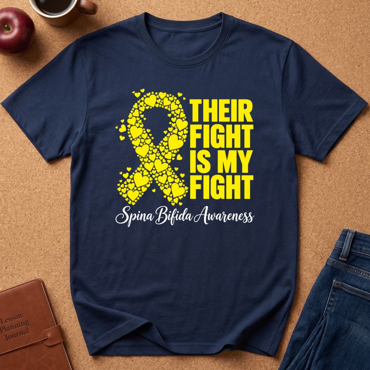 A navy blue short-sleeve t-shirt laid flat on a brown cork-like surface, featuring a yellow awareness ribbon made of broken heart shapes and the text 'THEIR FIGHT IS MY FIGHT' with 'Spina Bifida Awareness' in white script below. A red apple, coffee cup, and jeans are partially visible as props.