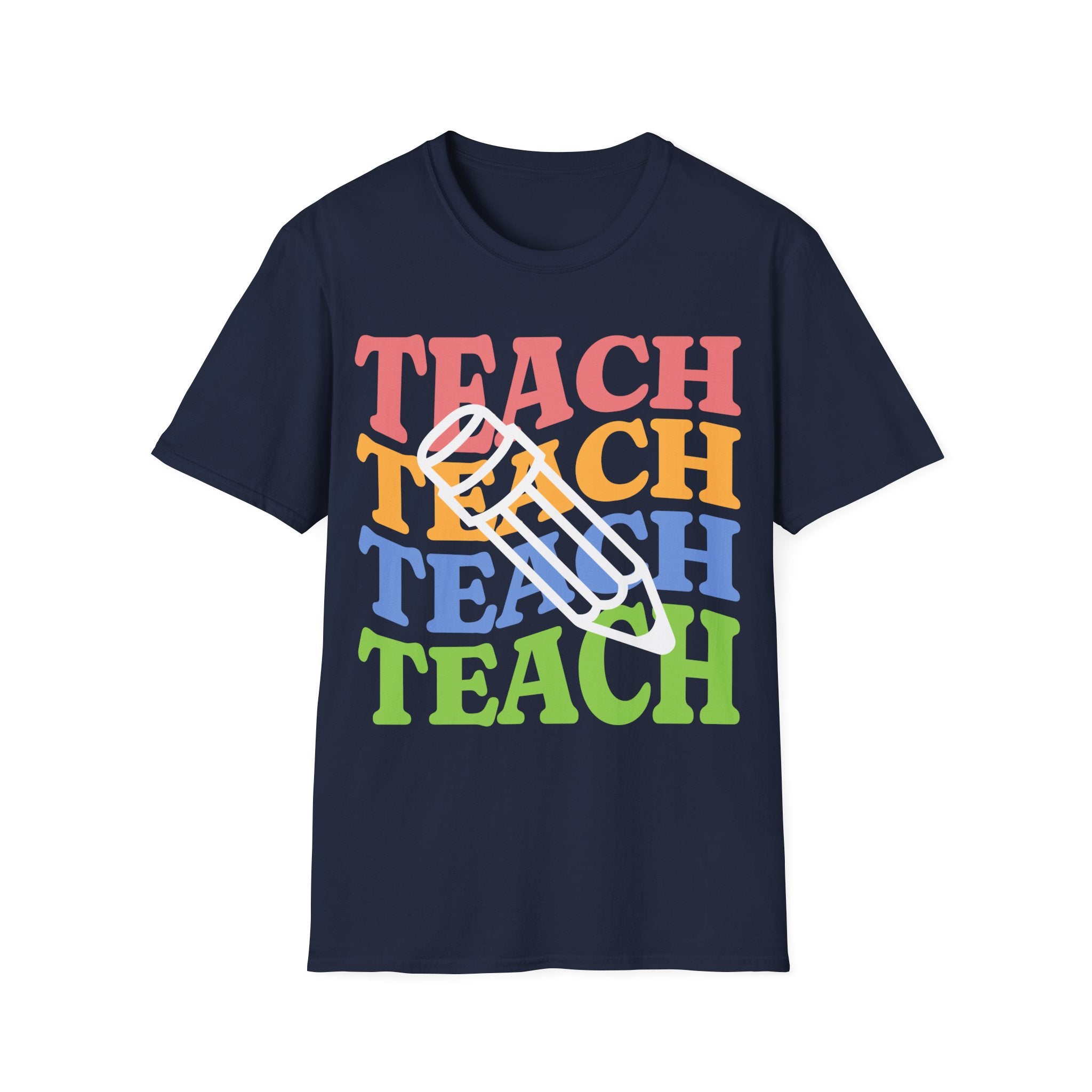 Teacher Pencil Tee — Colorful "TEACH" Graphic T-Shirt for Educators