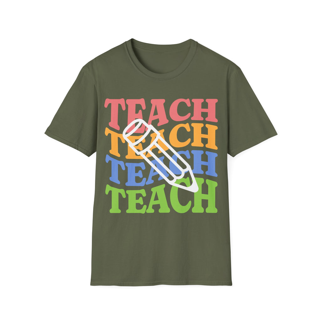 Teacher Pencil Tee — Colorful "TEACH" Graphic T-Shirt for Educators