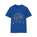 Teacher T-Shirt – "My Classroom Vibes: Calm, Learning, Coffee (and a Tiny Bit Chaotic)"
