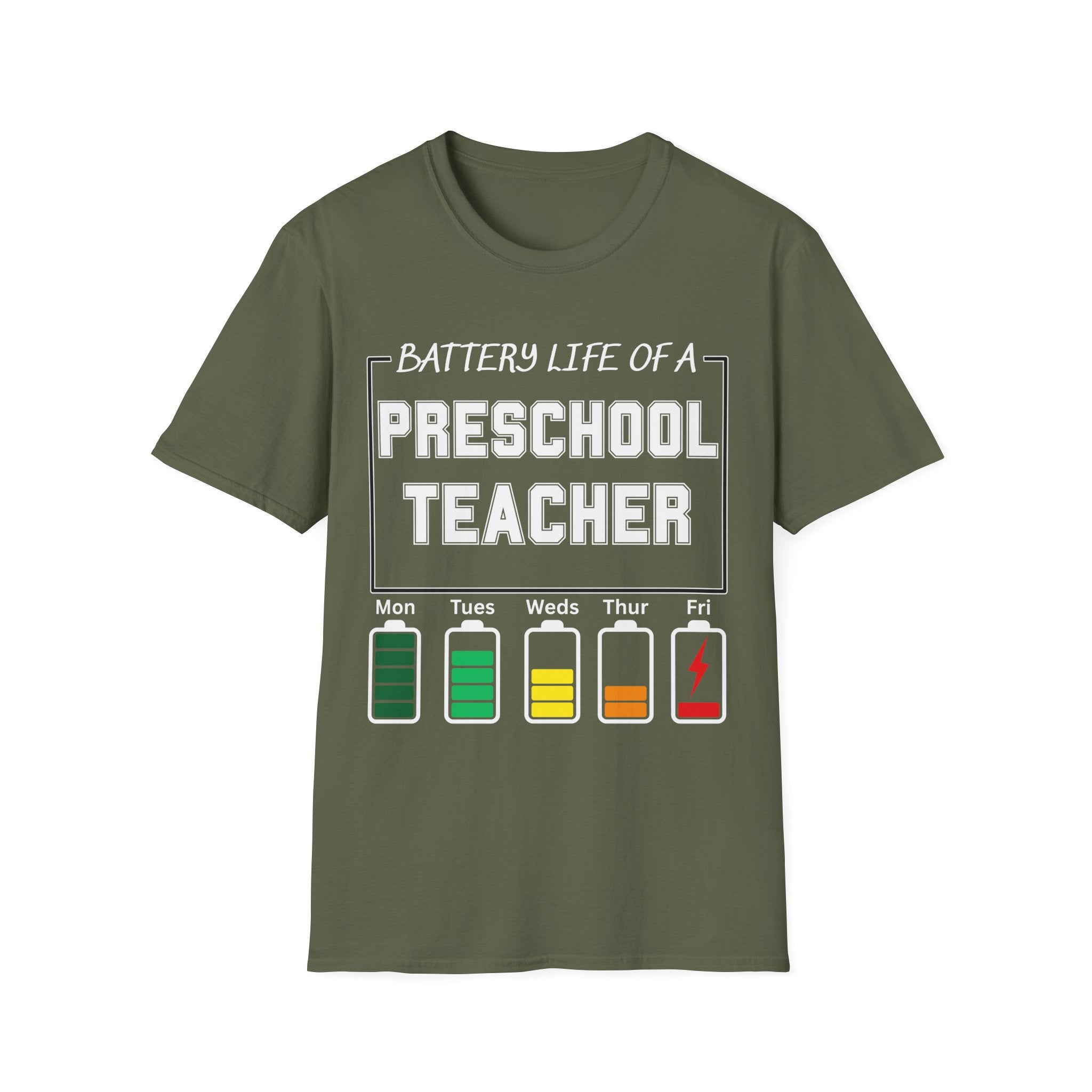 Preschool Teacher Battery Life T-Shirt — Funny Teacher Tee for Educators (Mon–Fri Energy Levels)