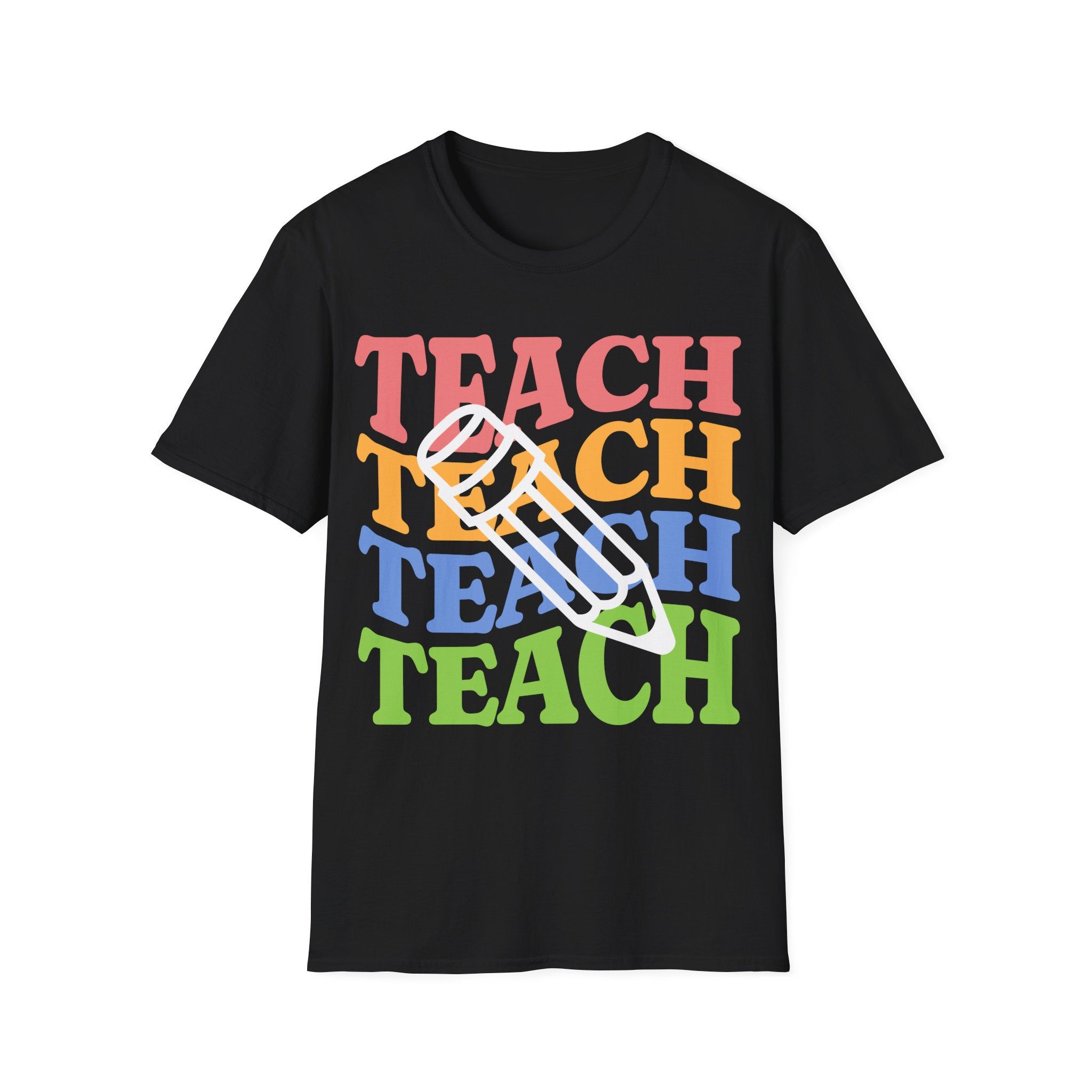 Teacher Pencil Tee — Colorful "TEACH" Graphic T-Shirt for Educators