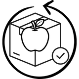 free returns icon, drawing of a cardboard box with an apple and check mark on it in a circular arrow.