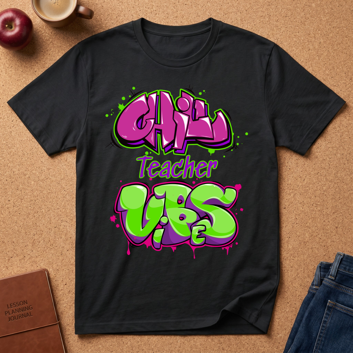 Black t-shirt with colorful text design on a brown surface with a coffee cup and apple. Says Chill teacher vibes.