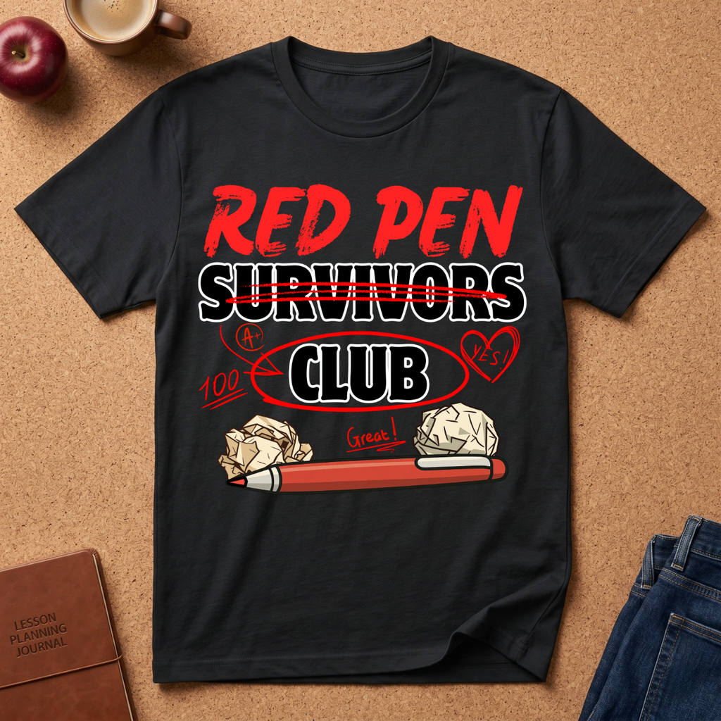 Black t-shirt with 'Red Pen Survivors Club' design on a brown surface with an apple, coffee, and jeans.