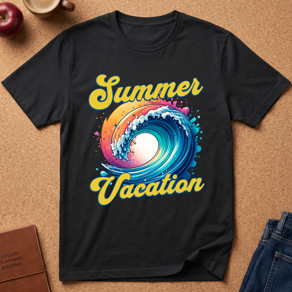 A black short-sleeve t-shirt laid flat on a cork surface, featuring a colorful graphic of a curling ocean wave with the words 'Summer Vacation' in yellow script. Styled flat-lay props include an apple, a coffee cup, a brown journal, and blue jeans.