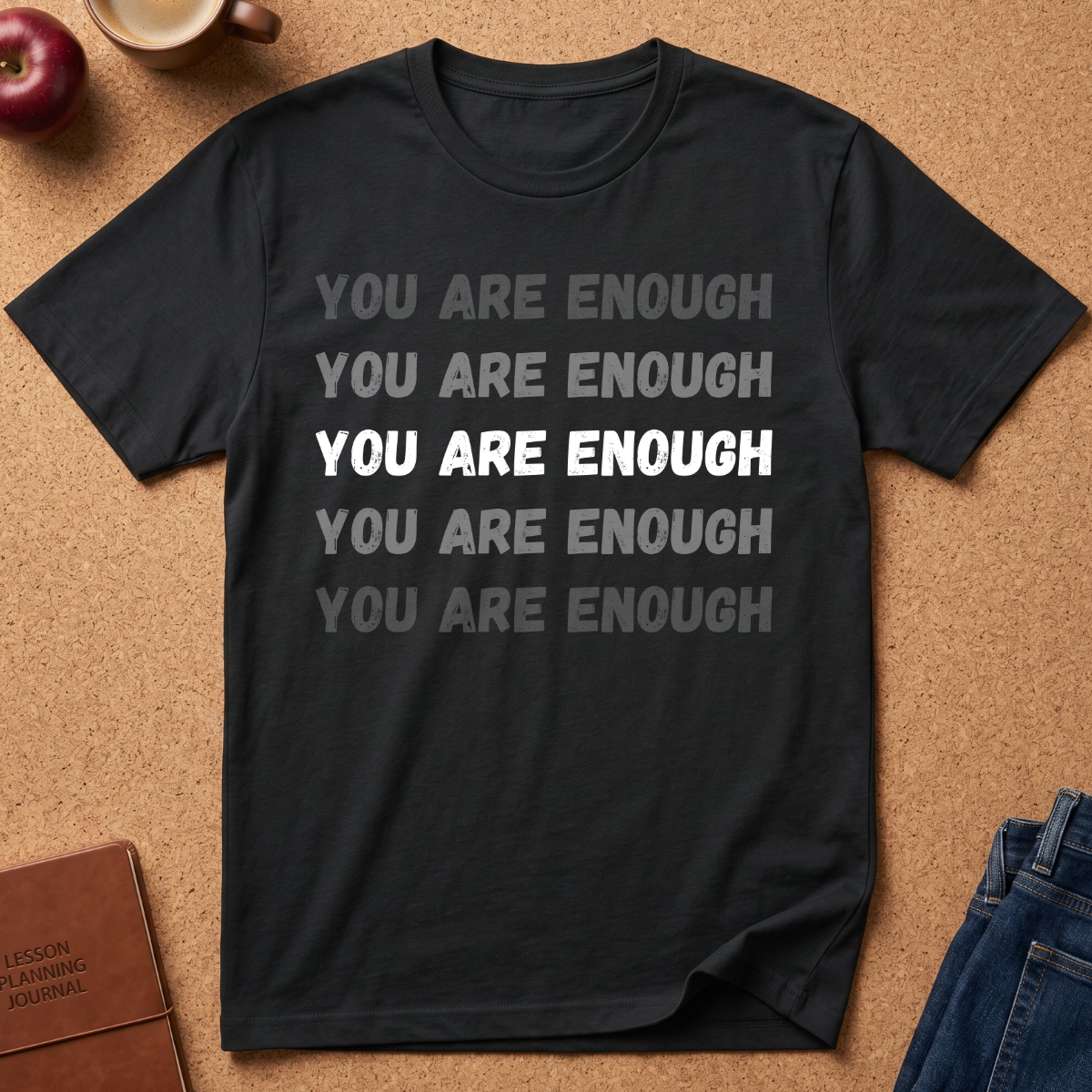 A black short-sleeve graphic T-shirt laid flat on a cork-like surface, with repeated 'YOU ARE ENOUGH' text across the front in gray and white. Surrounding props include part of an apple, a mug, a journal, and folded blue jeans.