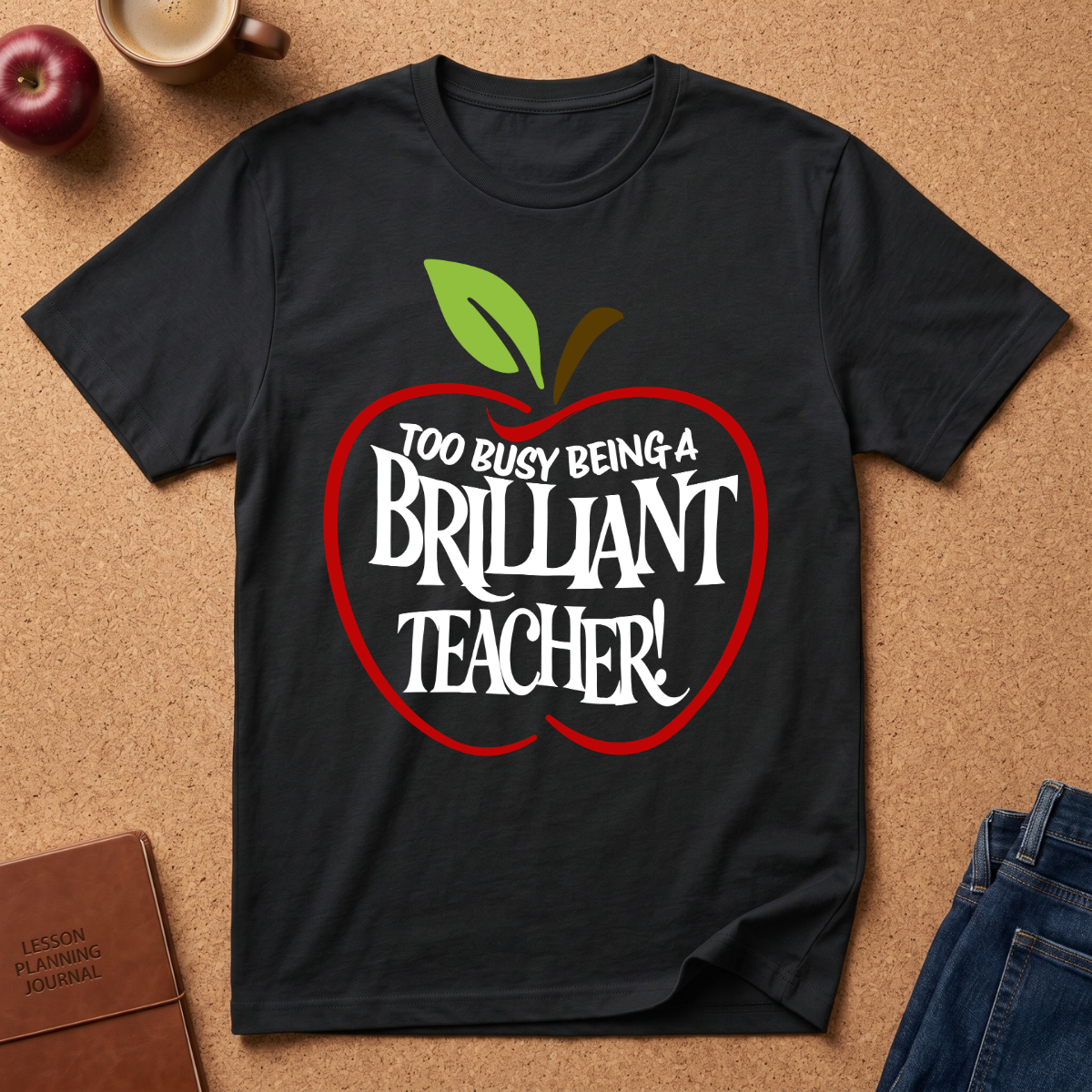 A black short-sleeve graphic T-shirt laid flat on a cork surface, featuring a red apple outline with green leaves and the phrase 'TOO BUSY BEING A BRILLIANT TEACHER!' in white text. Surrounding props include a coffee cup, an apple, a journal, and folded jeans.