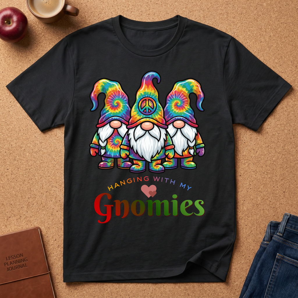 Black  t-shirt says Haning with my Gnomies with 3 cartoon style cute gnome characters wearing tye dyed clothes and hats.  