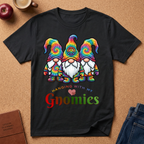 Black  t-shirt says Haning with my Gnomies with 3 cartoon style cute gnome characters wearing tye dyed clothes and hats.  