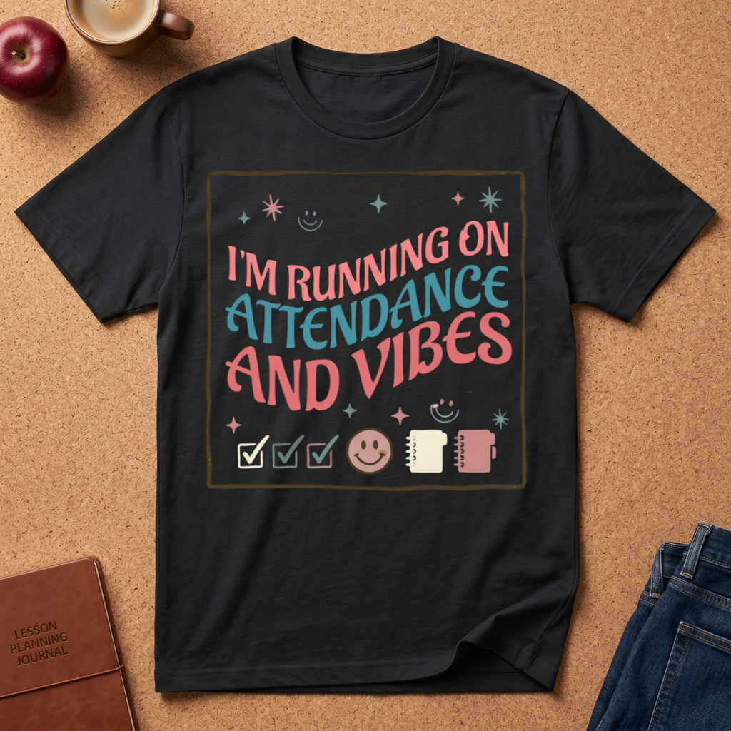Black t-shirt with colorful text and graphics on a brown surface with an apple, coffee, and jeans.   I'm running on Attendance and Vibes.