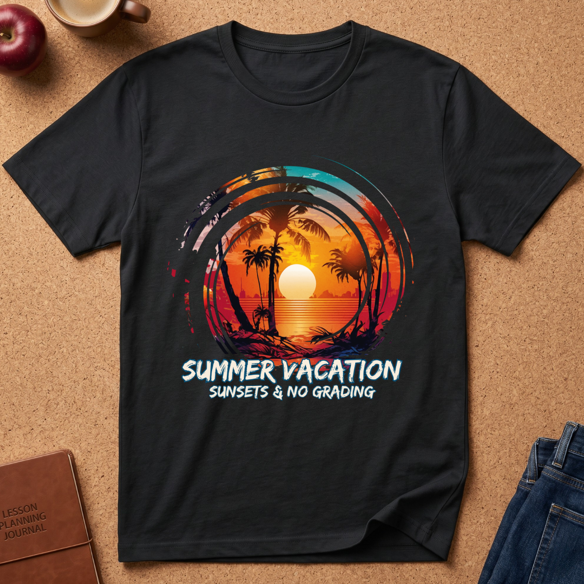 A black short-sleeve graphic t-shirt laid flat on a cork background, featuring a retro sunset tropical beach design with palm trees and the text 'SUMMER VACATION SUNSETS & NO GRADING'.