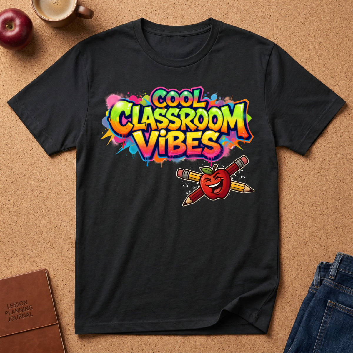 Cool Classroom Vibes T-Shirt — Teacher Apple & Pencils Graphic Tee