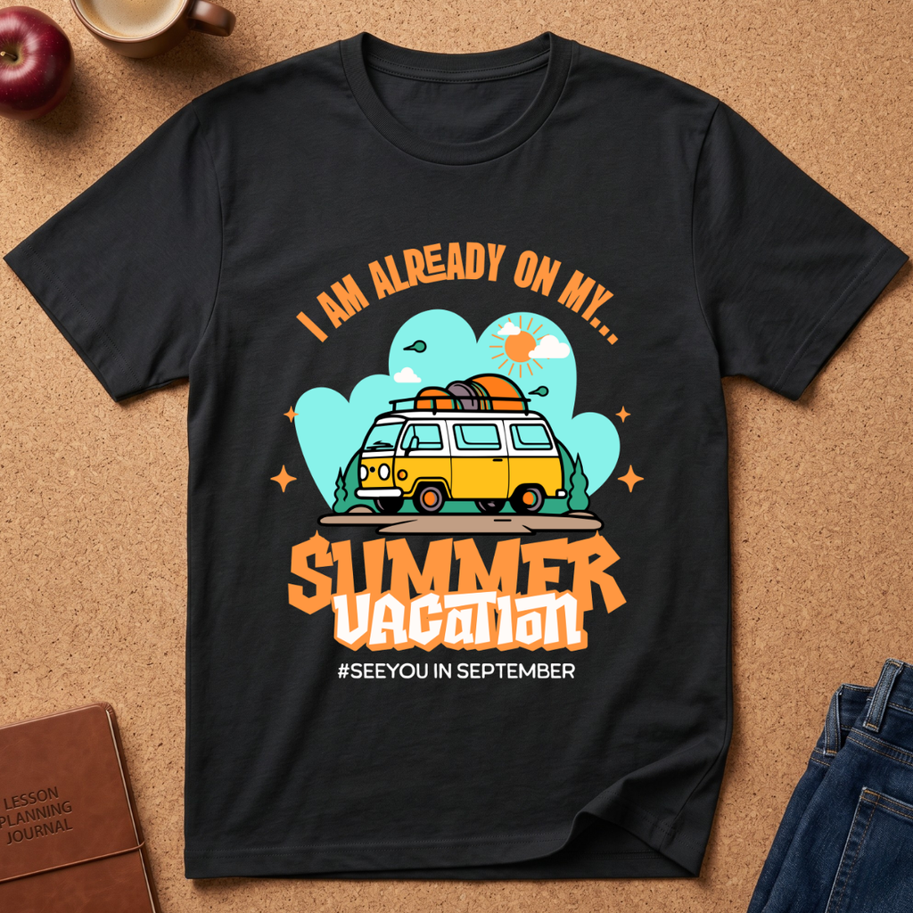 A black  graphic t-shirt laid flat on a cork surface, surrounded by lifestyle props including a brown leather journal, an apple, a coffee cup, and folded blue jeans. The t-shirt features a retro-style graphic of a yellow and white van with a surfboard on its roof, set against a light blue cloud background with the text 'I AM ALREADY ON MY sUMMER VACATION. #SEEYOUINSEPTEMBER