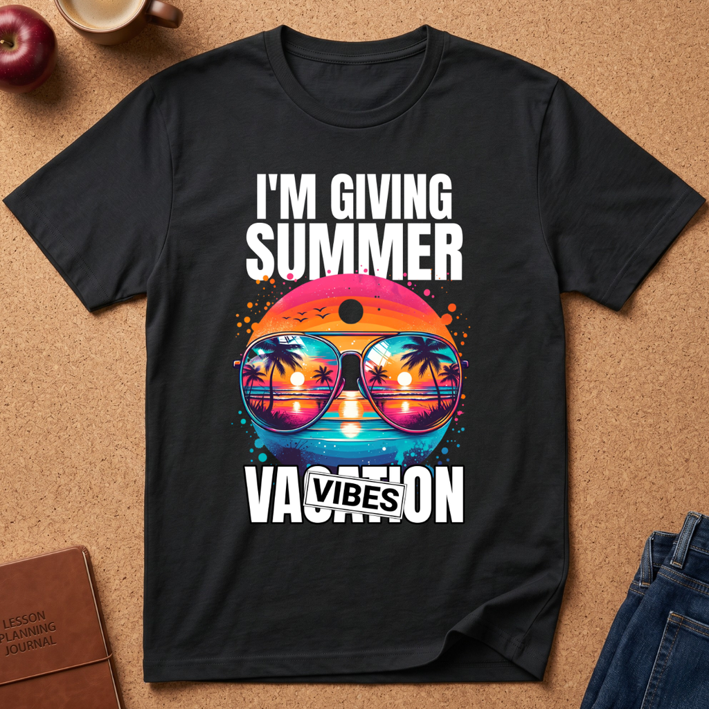 A black graphic t-shirt laid flat on a cork background, featuring the text 'I'M GIVING SUMMER VACATION VIBES' in white around a colorful retro sunset and sunglasses design.