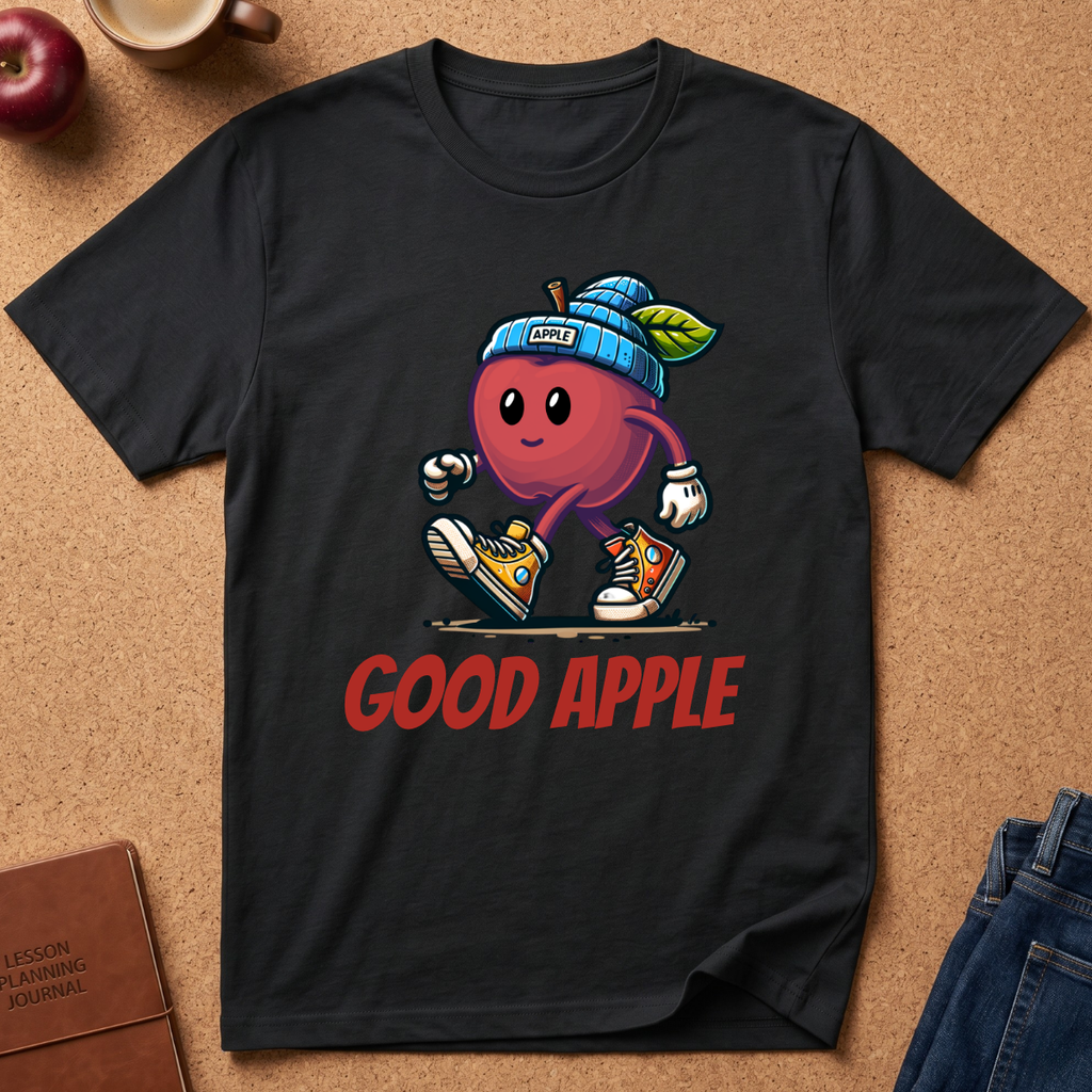 A black short-sleeve graphic T-shirt laid flat on a cork surface, featuring a cartoon red apple wearing a blue beanie and sneakers with the words 'GOOD APPLE' in red below. A partial apple, coffee cup, journal, and jeans are visible around it as styled props.