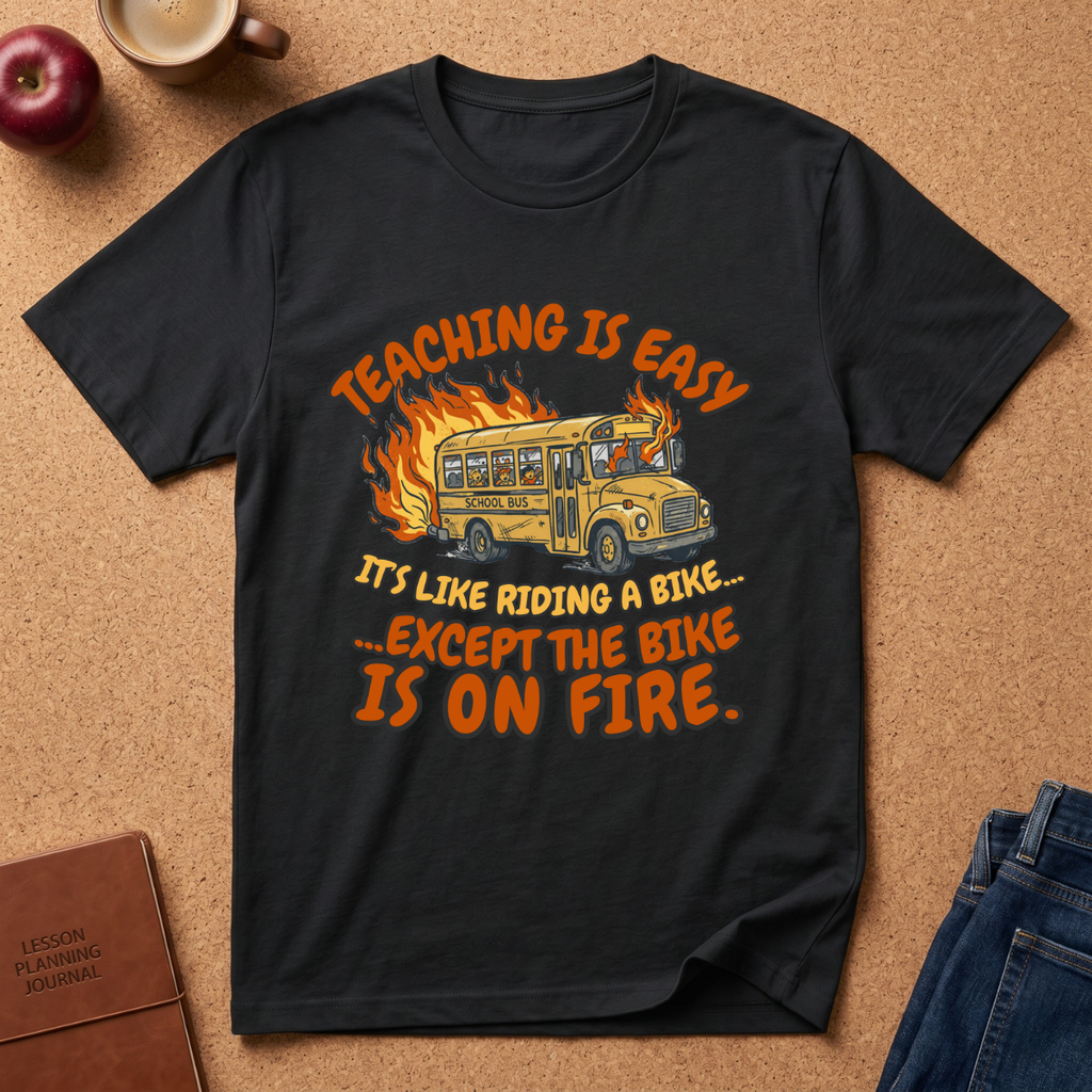 Black t-shirt with a humorous design of a school bus on fire, text 'Teaching is easy. It's like riding a bike.  except the Bike is on fire.