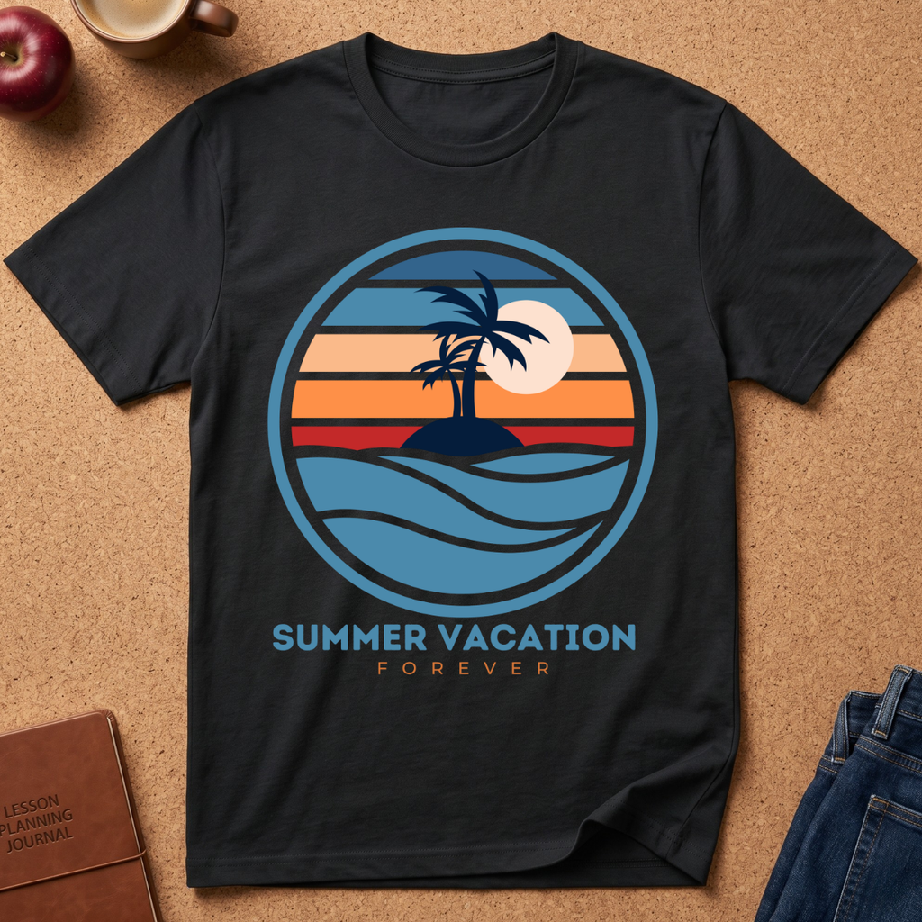 black short-sleeve crewneck t-shirt laid flat on a cork background, featuring a retro circular graphic of a palm tree island at sunset with the text 'SUMMER VACATION FOREVER'.