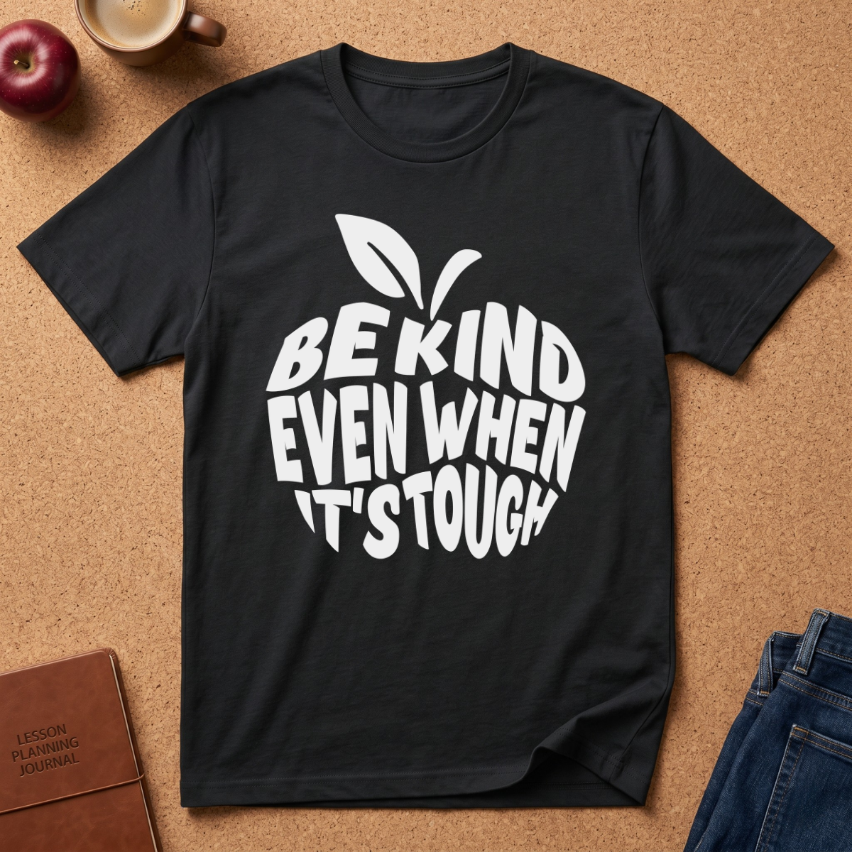 A black short-sleeve graphic T-shirt laid flat on a cork background, featuring a white apple-shaped print with the phrase 'BE KIND EVEN WHEN IT'S TOUGH' in bold lettering. A coffee cup, apple, journal, and jeans are partially visible as styled props.
