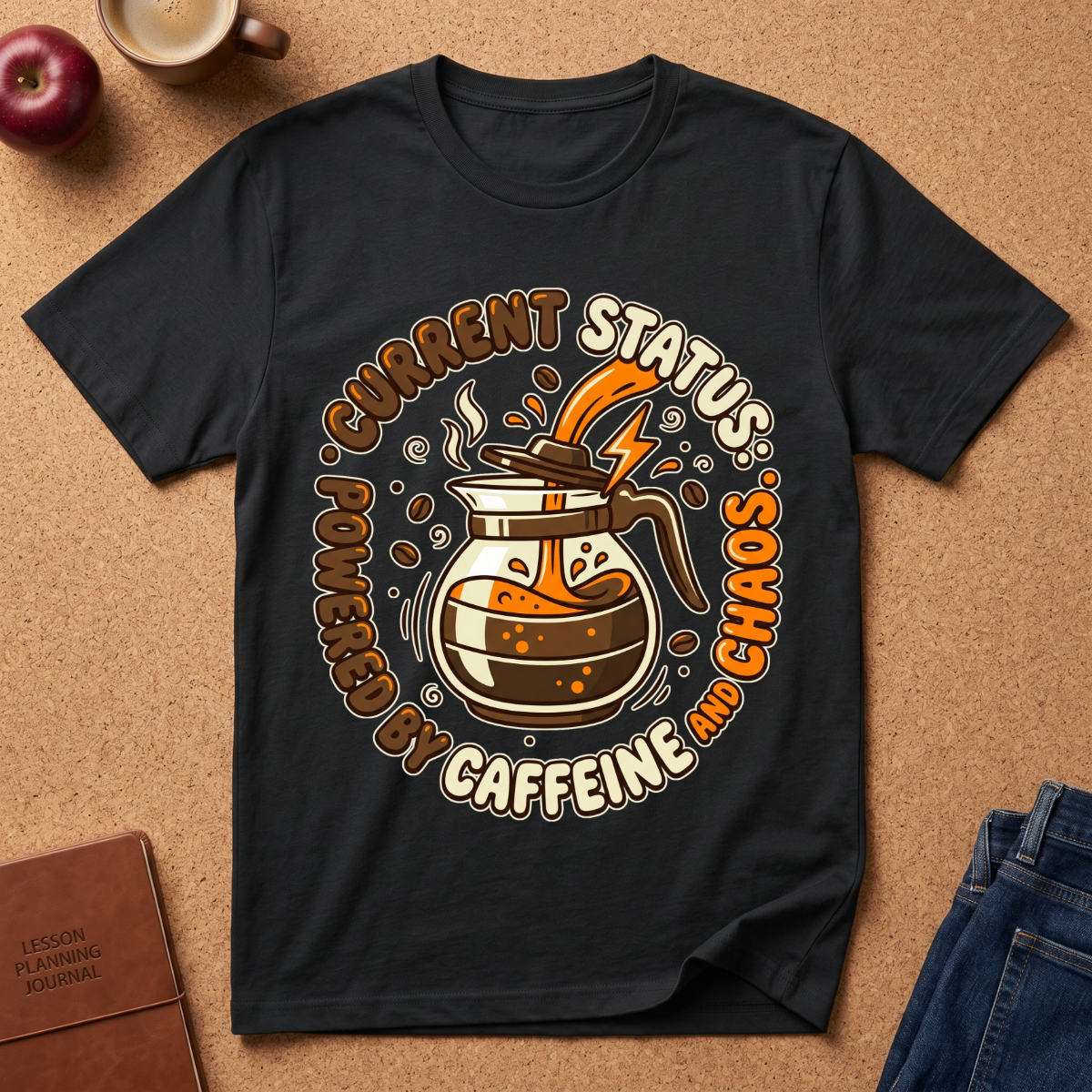 Black graphic t-shirt says "Current Status, Powered by Caffeine and Chaos" with coffee-themed graphic and text on a brown surface with coffee and jeans.