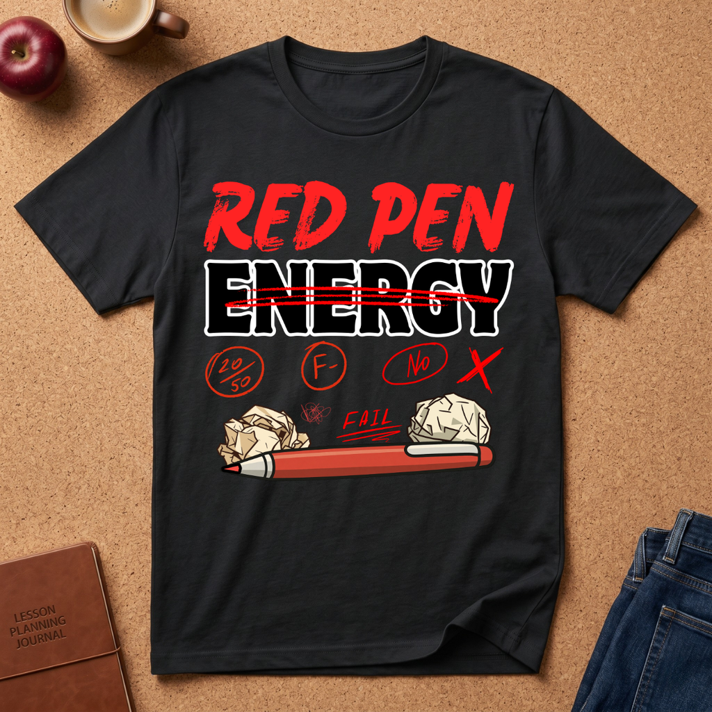 Black graphic t-shirt with 'Red Pen Energy' with '20/50, F minus, No, Fail and X" scattered with a red pen and crumpled paper graphic design on a brown surface with an apple, coffee, and jeans.