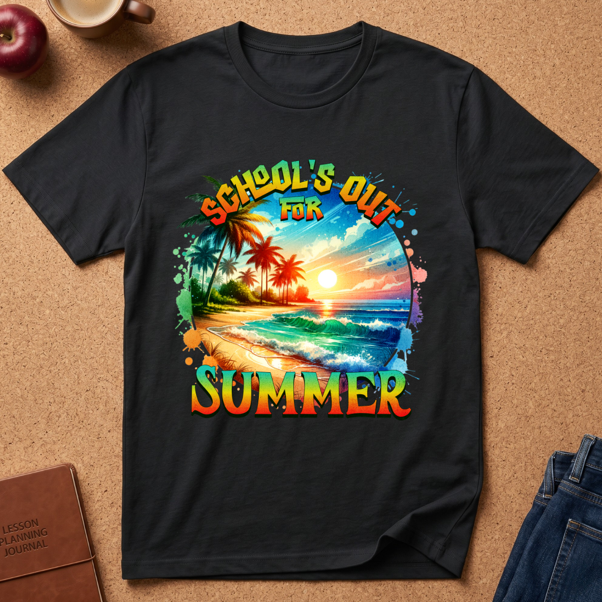 A black short-sleeve graphic T-shirt laid flat on a cork-like surface, featuring a colorful tropical beach scene with palm trees and the text 'SCHOOL'S OUT FOR SUMMER.' Partial props around the shirt include an apple, a mug, a journal, and jeans.