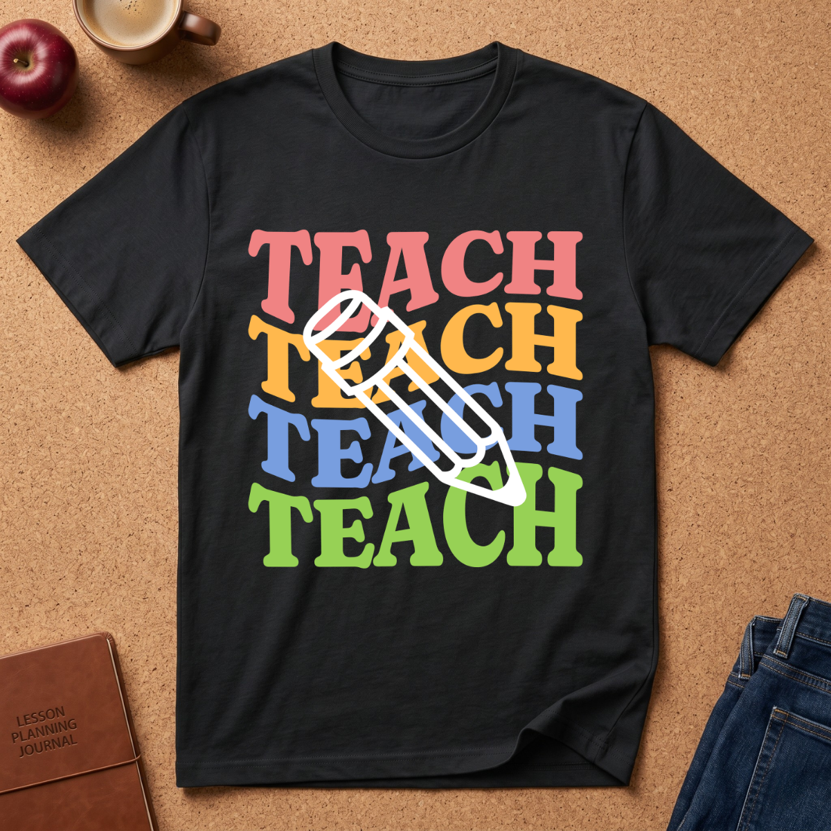 Teacher Pencil Tee — Colorful "TEACH" Graphic T-Shirt for Educators