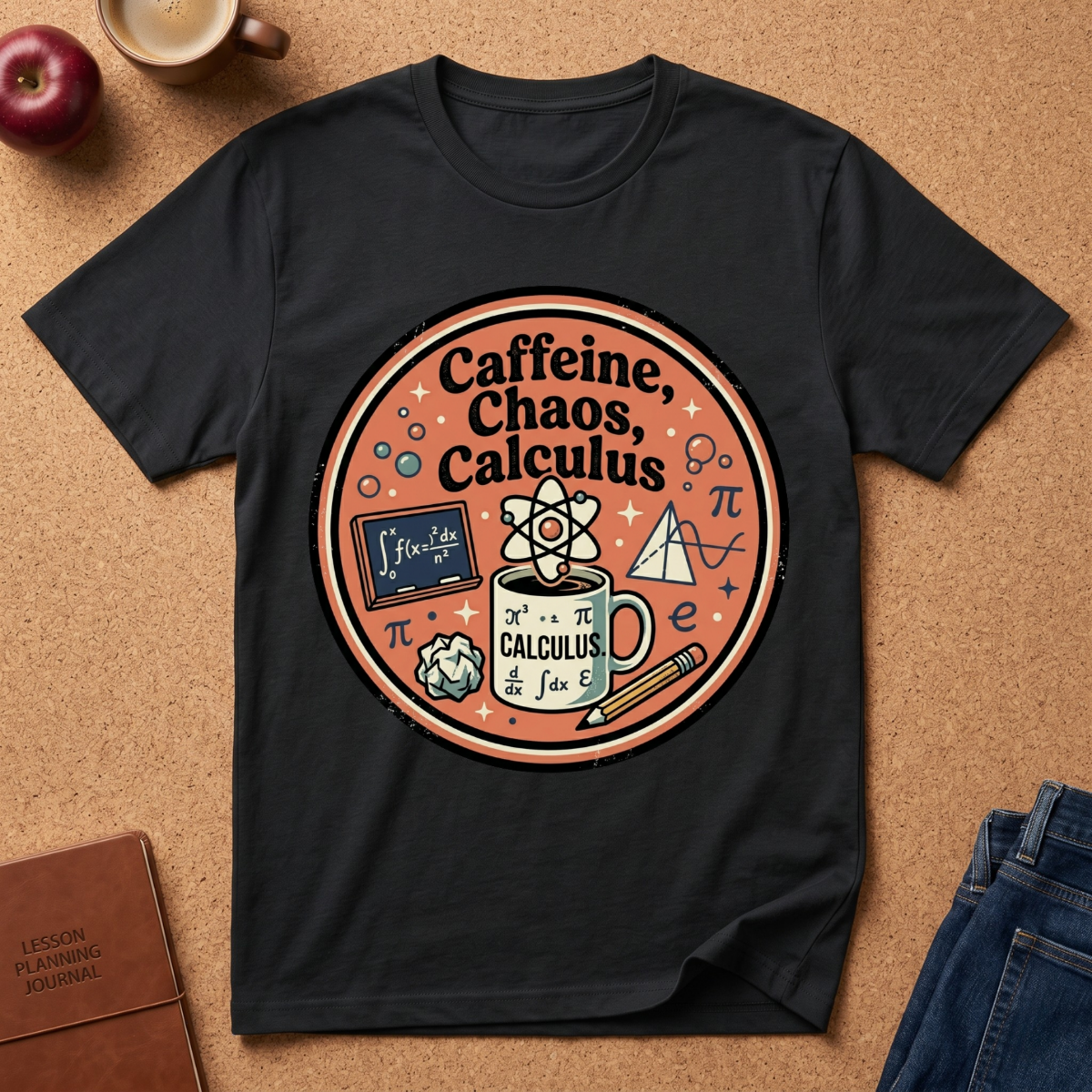 Black t-shirt with 'Caffeine, Chaos, Calculus' design on a brown surface with books and an apple.