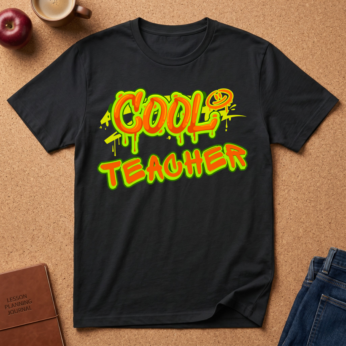 Black t-shirt with 'COOL TEACHER' text on a brown surface with an apple, coffee, and notebook.