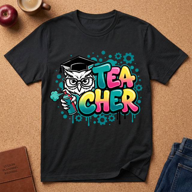 Teacher Owl Graphic T-Shirt - Colorful 'Teacher' Design, Back-to-School & Teacher Gift