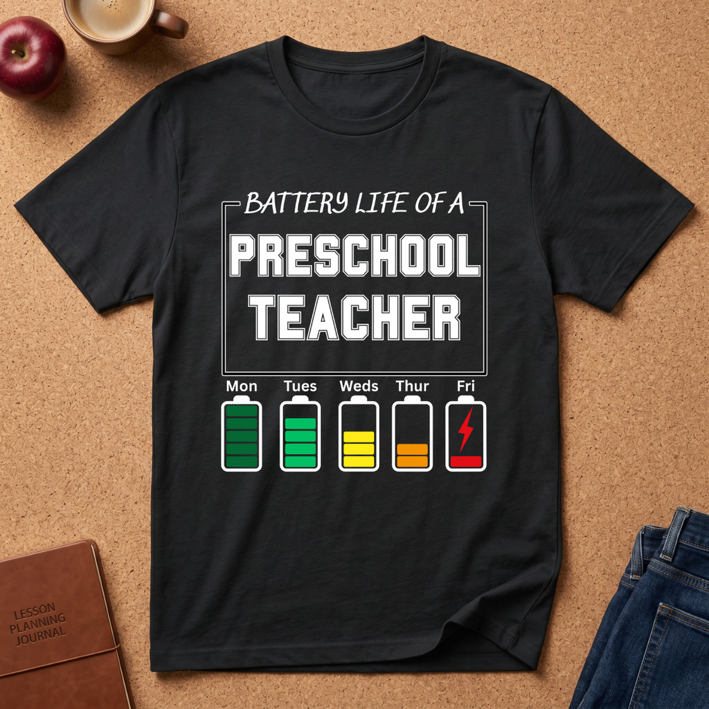 Black t-shirt with 'Battery Life of a Preschool Teacher' graphic on a brown surface with school supplies.
