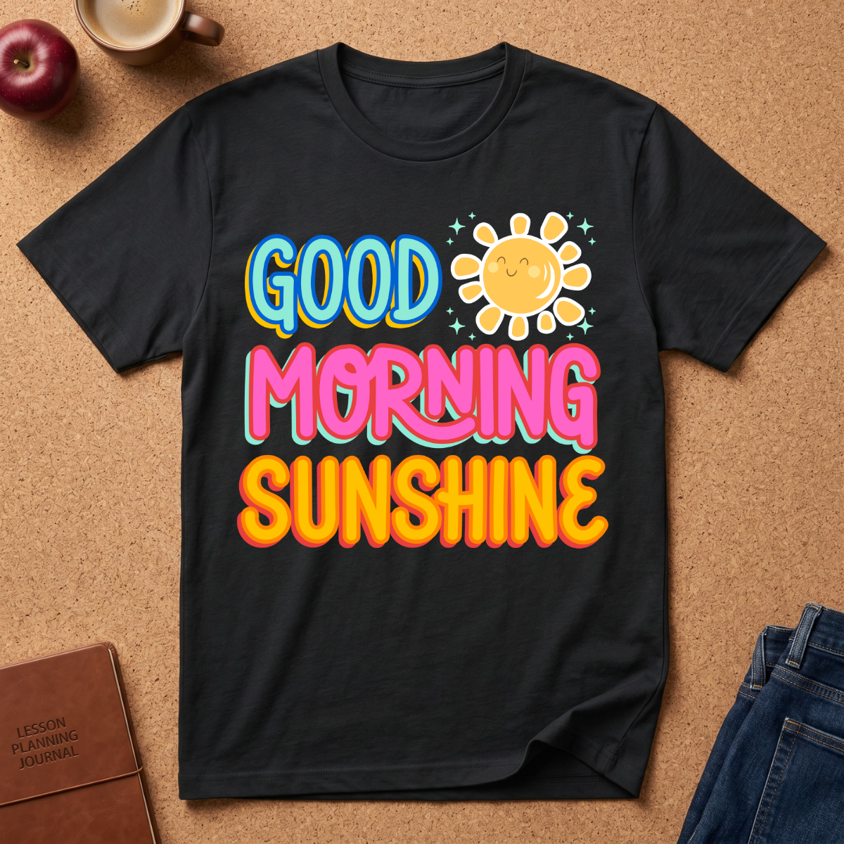 Black t-shirt with 'Good Morning Sunshine' text and sun graphic on a brown surface with accessories.