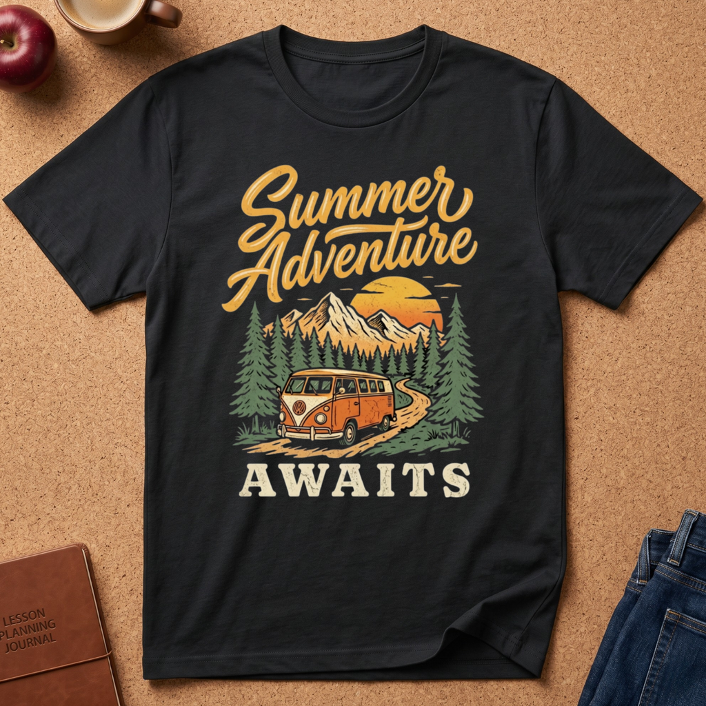 A black short-sleeve graphic T-shirt laid flat on a cork-like surface, featuring a retro-style 'Summer Adventure AWAITS' print with a mountain, trees, campervan, and sunset. Partial props including an apple, mug, journal, and jeans are visible around the shirt.