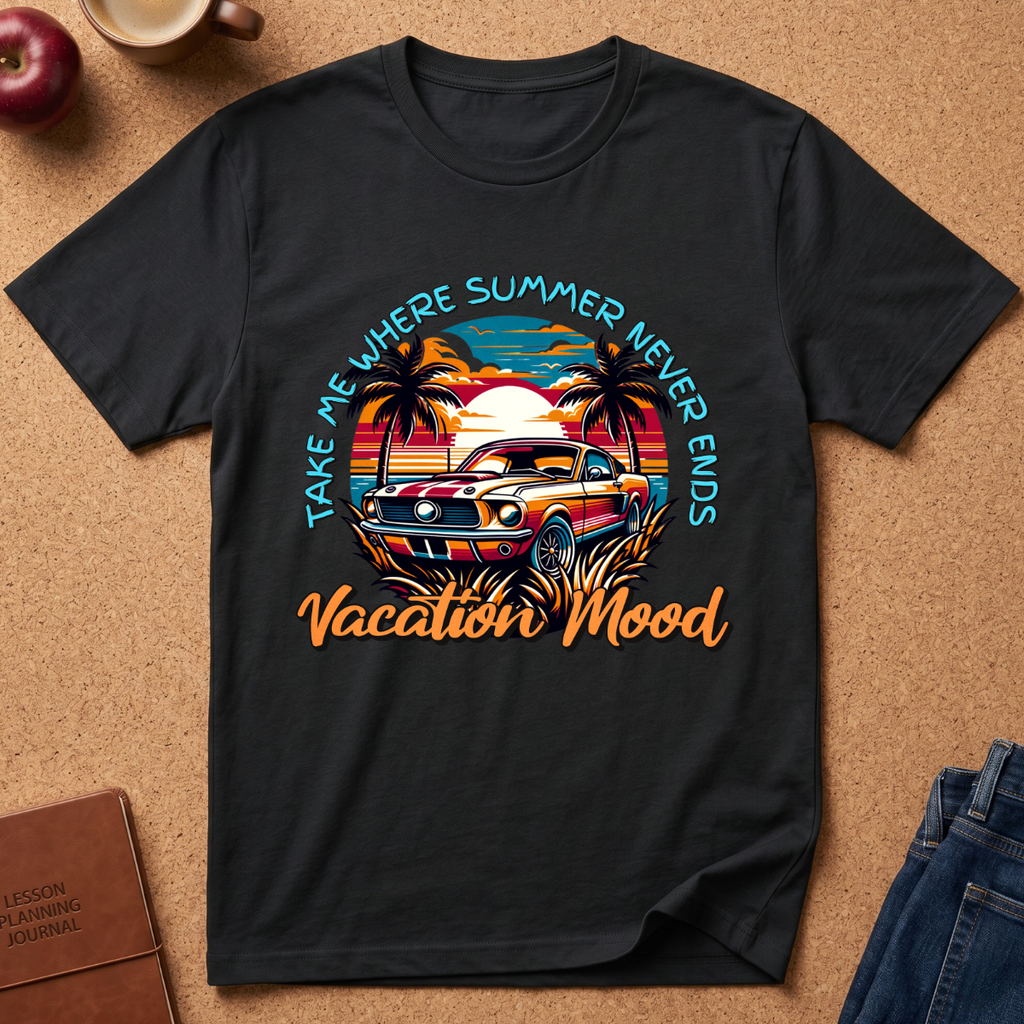A black graphic t-shirt laid flat on a cork background, featuring a retro sunset car design with palm trees and the text 'TAKE ME WHERE SUMMER NEVER ENDS Vacation Mood'.