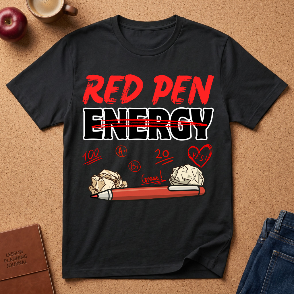 Black t-shirt with 'Red Pen Energy' and positive marks graphic on a brown surface with an apple, coffee, and jeans.