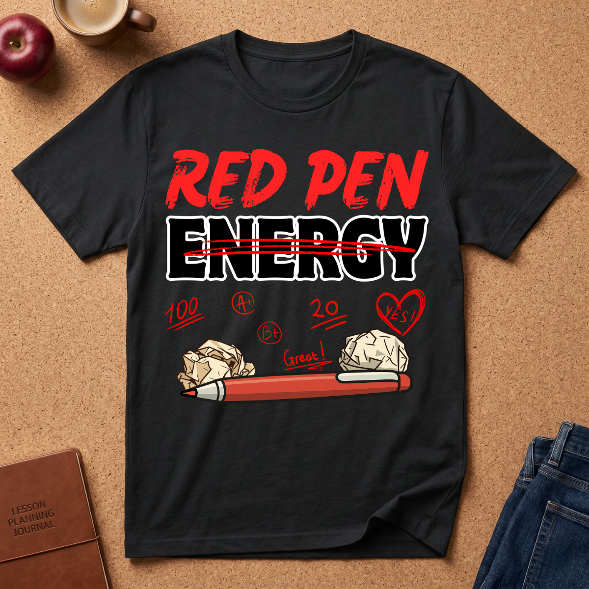 Black t-shirt with 'Red Pen Energy' and positive marks graphic on a brown surface with an apple, coffee, and jeans.