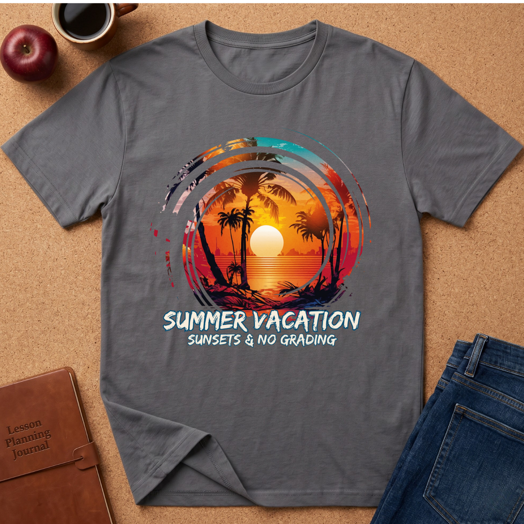 A dark gray crewneck t-shirt laid flat on a cork background, featuring a colorful retro sunset graphic with palm trees and the text 'SUMMER VACATION SUNSETS & NO GRADING'. The shirt is styled with a coffee cup, apple, notebook, and jeans.