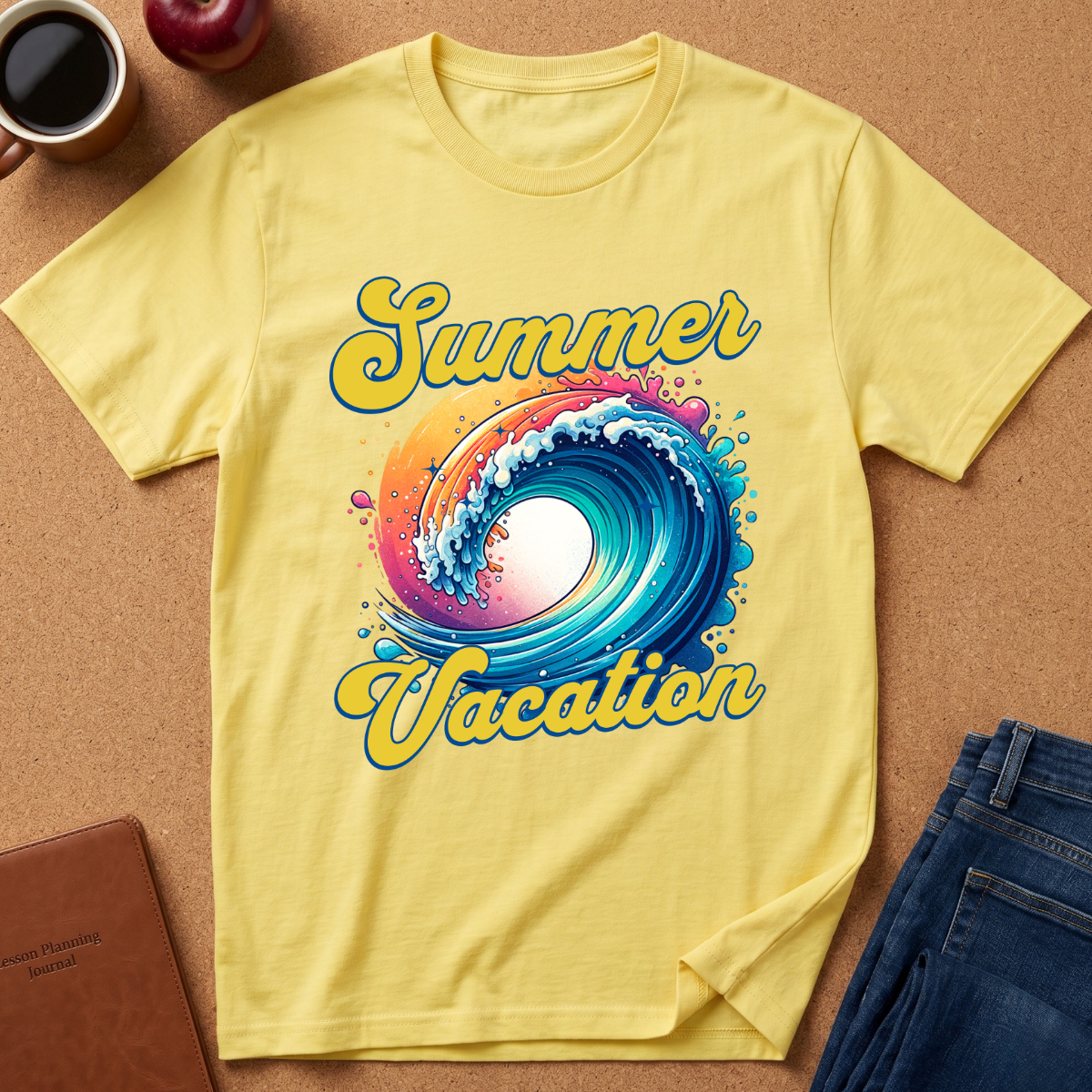 A yellow short-sleeve t-shirt laid flat on a cork-like surface, featuring a colorful graphic of a wave with the words 'Summer Vacation' in yellow script. Surrounding props include a coffee cup, an apple, a notebook, and folded blue jeans.