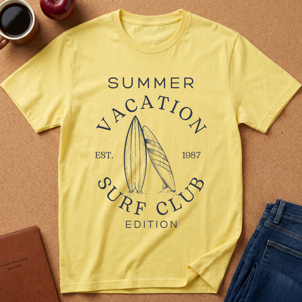A pale yellow graphic T-shirt laid flat on a cork surface, surrounded by styled props including a coffee mug, apple, notebook, and folded jeans. The shirt has a dark navy printed design reading “SUMMER VACATION SURF CLUB EST.