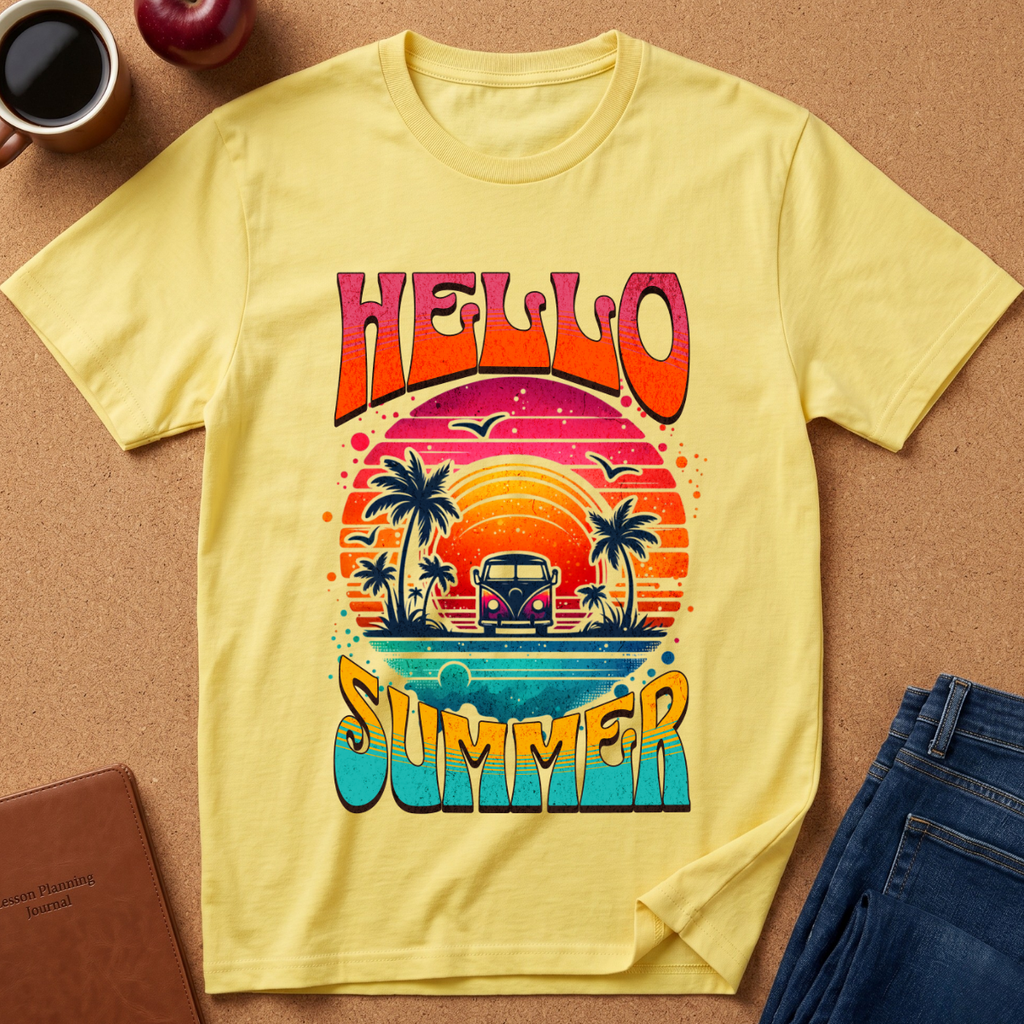 A pale yellow graphic T-shirt laid flat on a cork-like surface, surrounded by a coffee mug, apple, notebook, and folded jeans. The shirt has a large retro sunset beach graphic with palm trees, a van, birds, and the words “HELLO SUMMER” in bold multicolor lettering.