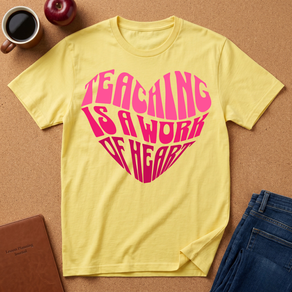 "Teaching Is A Work Of Heart" T-Shirt - Heart Graphic Teacher Tee