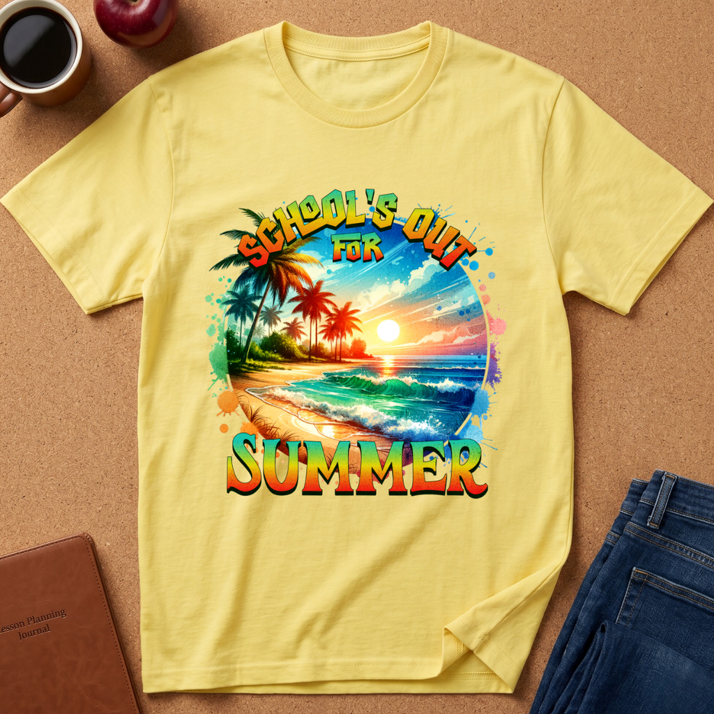 A yellow short-sleeve t-shirt with a colorful graphic print reading 'SCHOOL'S OUT FOR SUMMER' over a tropical beach scene, laid flat on a cork surface with jeans, a coffee mug, and a notebook nearby.