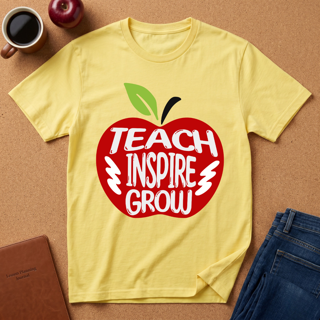 A yellow short-sleeve T-shirt laid flat on a cork surface, featuring a large red apple graphic with the words 'TEACH INSPIRE GROW' in white and a green leaf. A coffee mug, apple, notebook, and jeans are placed around it as styling props.